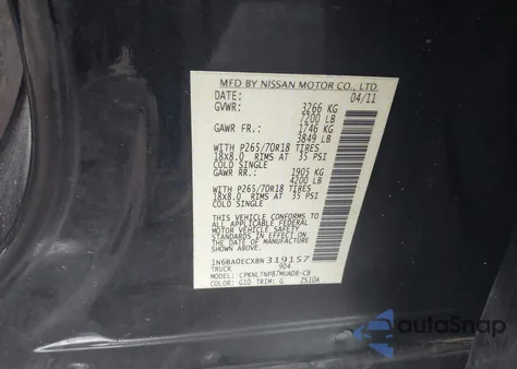 2011 Nissan Titan Sv z USA, uszkodzony, nr VIN 1N6BA0ECXBN319157